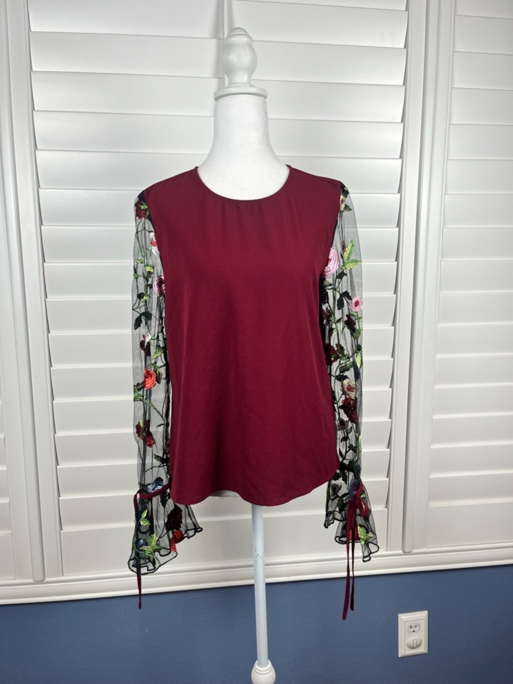 Sace Embroidered Mesh-Sleeve Blouse in Burgundy size L coquette soft romantic